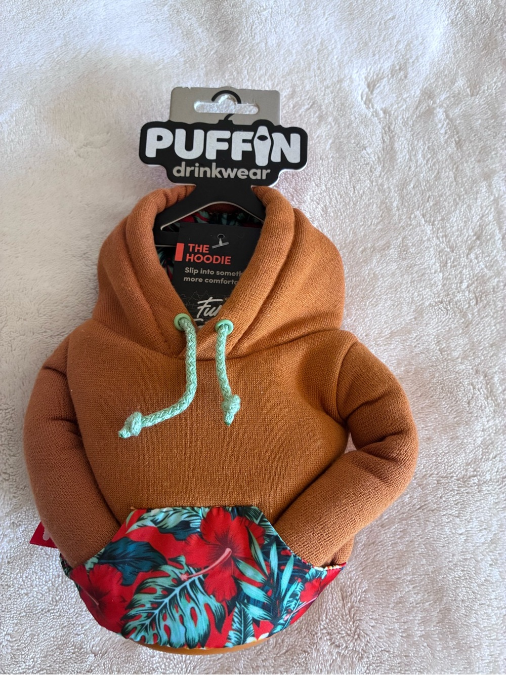 Puffin Drinkwear The Hoodie Drink Cover - Rust Orange with Teal Drawstrings